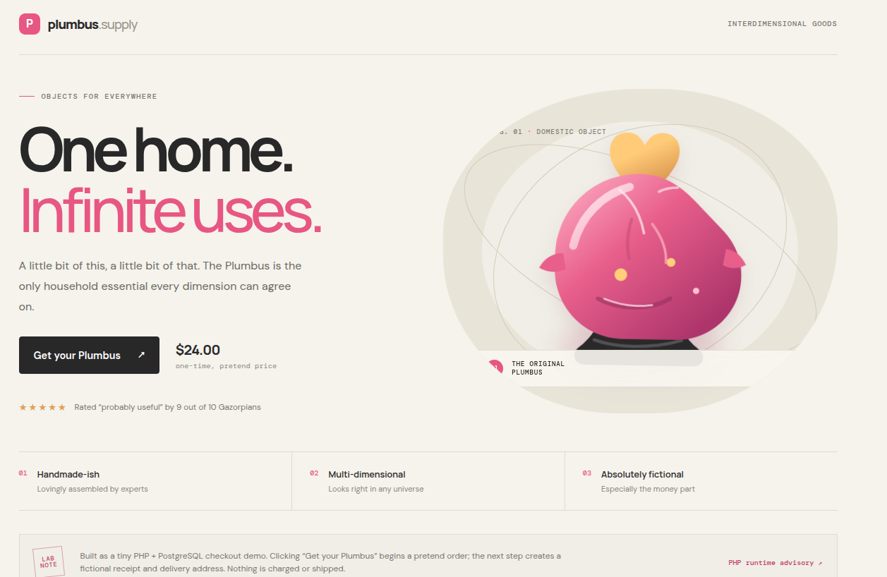 The Plumbus shop home page before the attack: the Plumbus illustration, the product price from the database, and the checkout button
