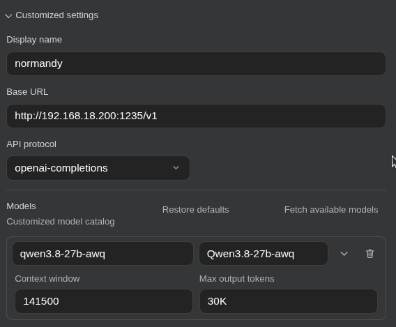 Agent client configuration: base URL http://mylocalserver:1235/v1, openai-completions protocol, model qwen3.8-27b-awq